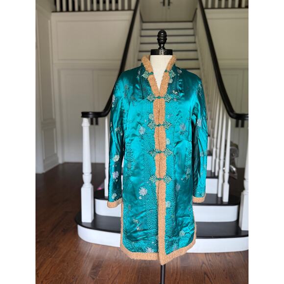 Turquoise Asian Silk Faux Fur Warm Cozy Coat Fall Winter Boho Artsy Chinoiserie - Picture 2 of 11